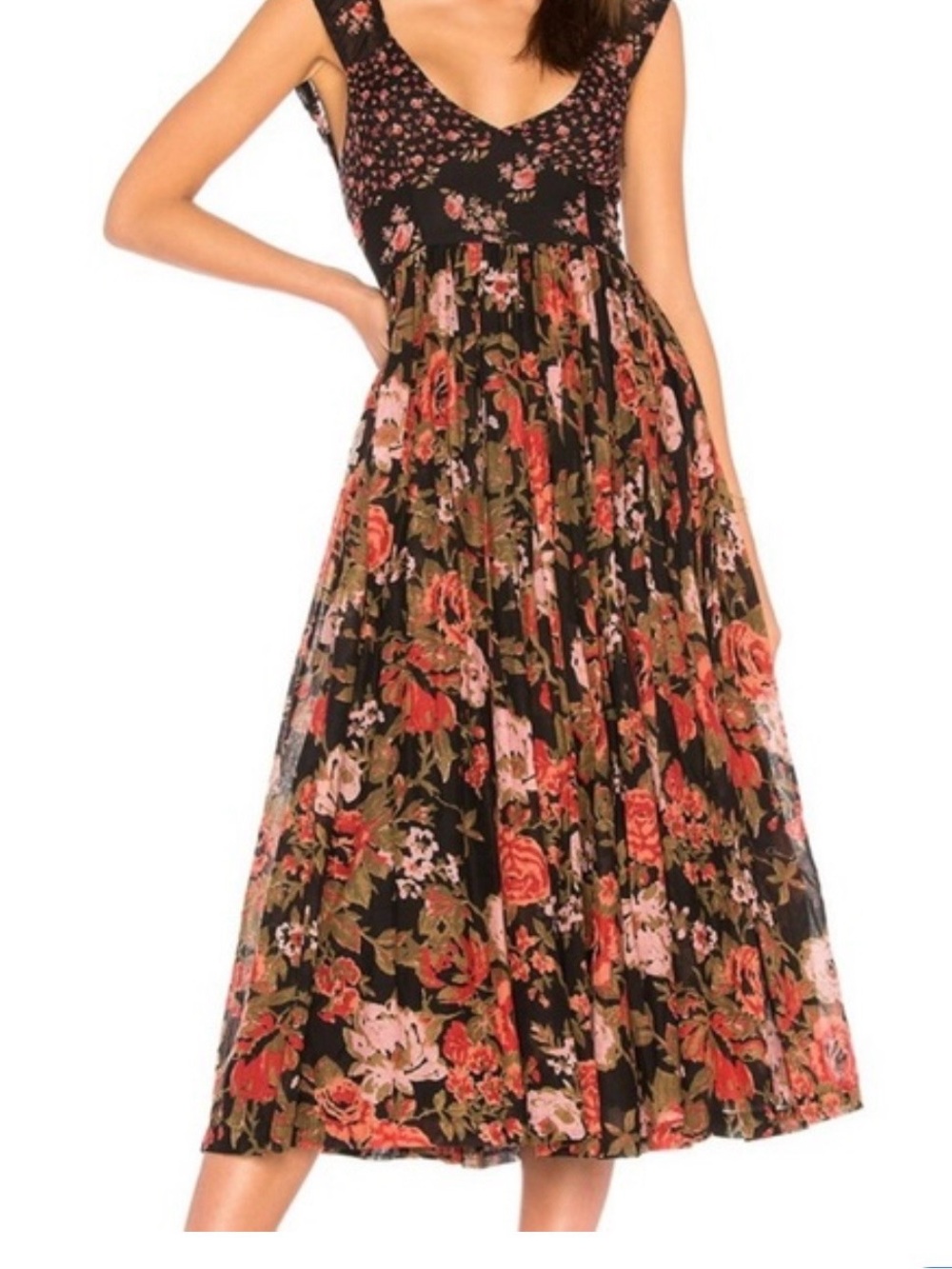 Free People Black Midi Dress with Pink & Red Floral Print
